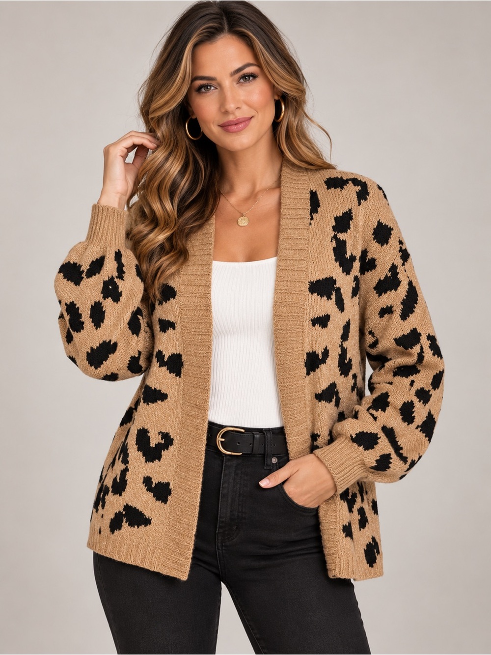 Abercrombie & Fitch Leopard Print Open Front Cardigan Sweater Tan Black XS